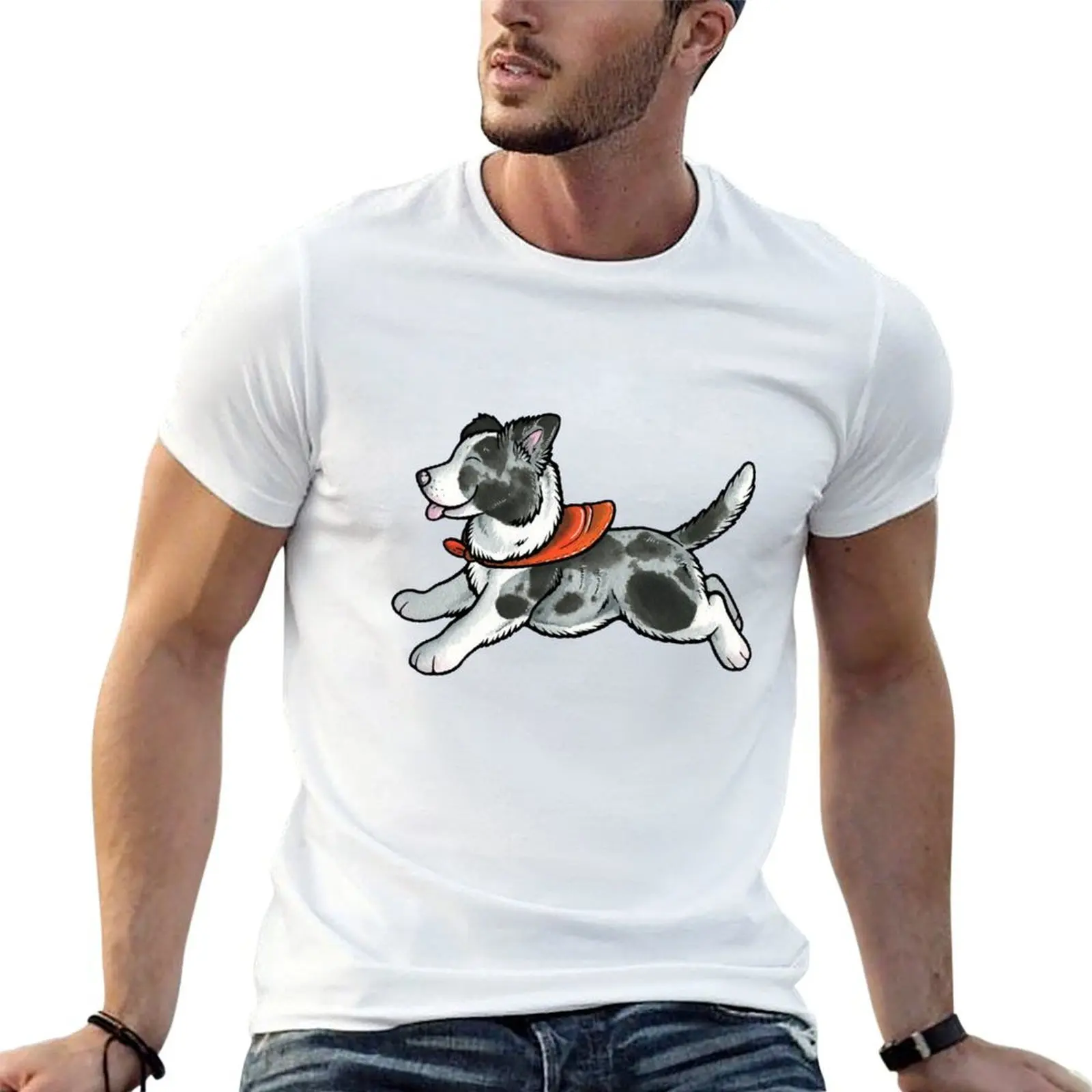 Camiseta azul con estampado de cachorro Border Collie, camisetas para hombre, camisetas gráficas de marca de lujo de alta calidad para hombre, camiseta