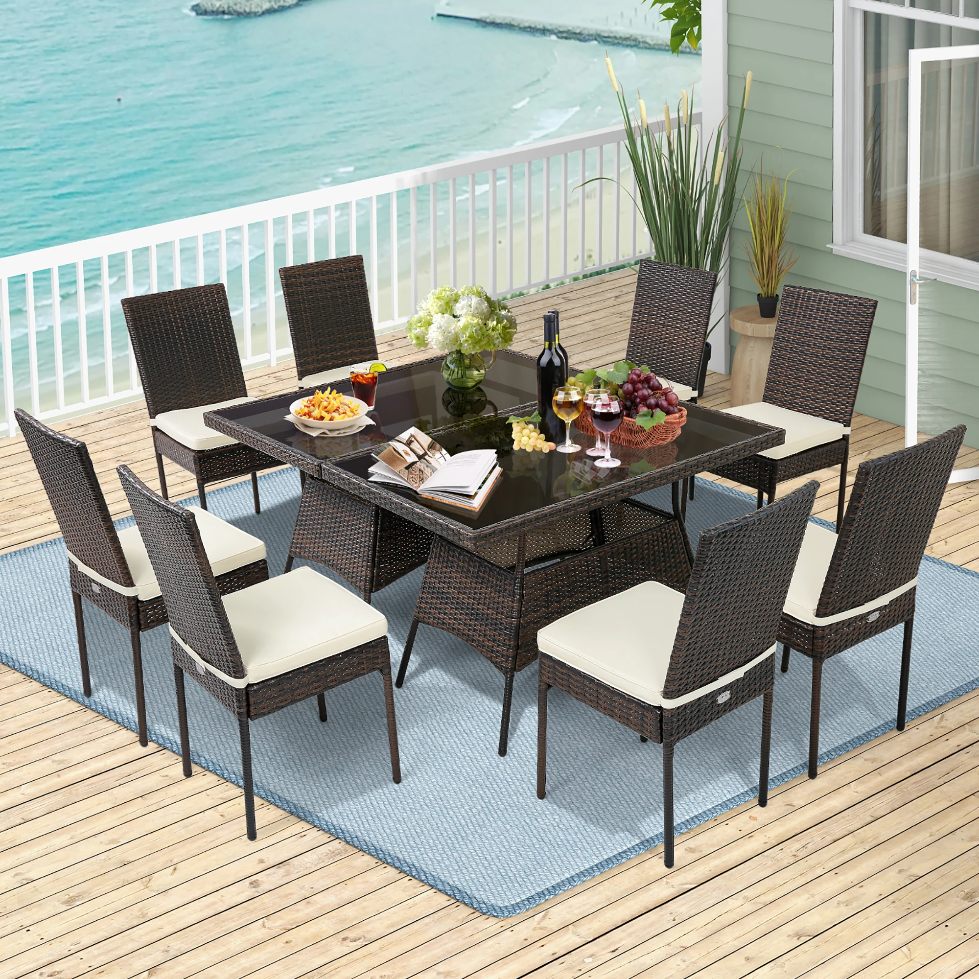 

10 PCS Patio Rattan Dining Set Glass Table High Back Chair Garden Deck Mix Brown