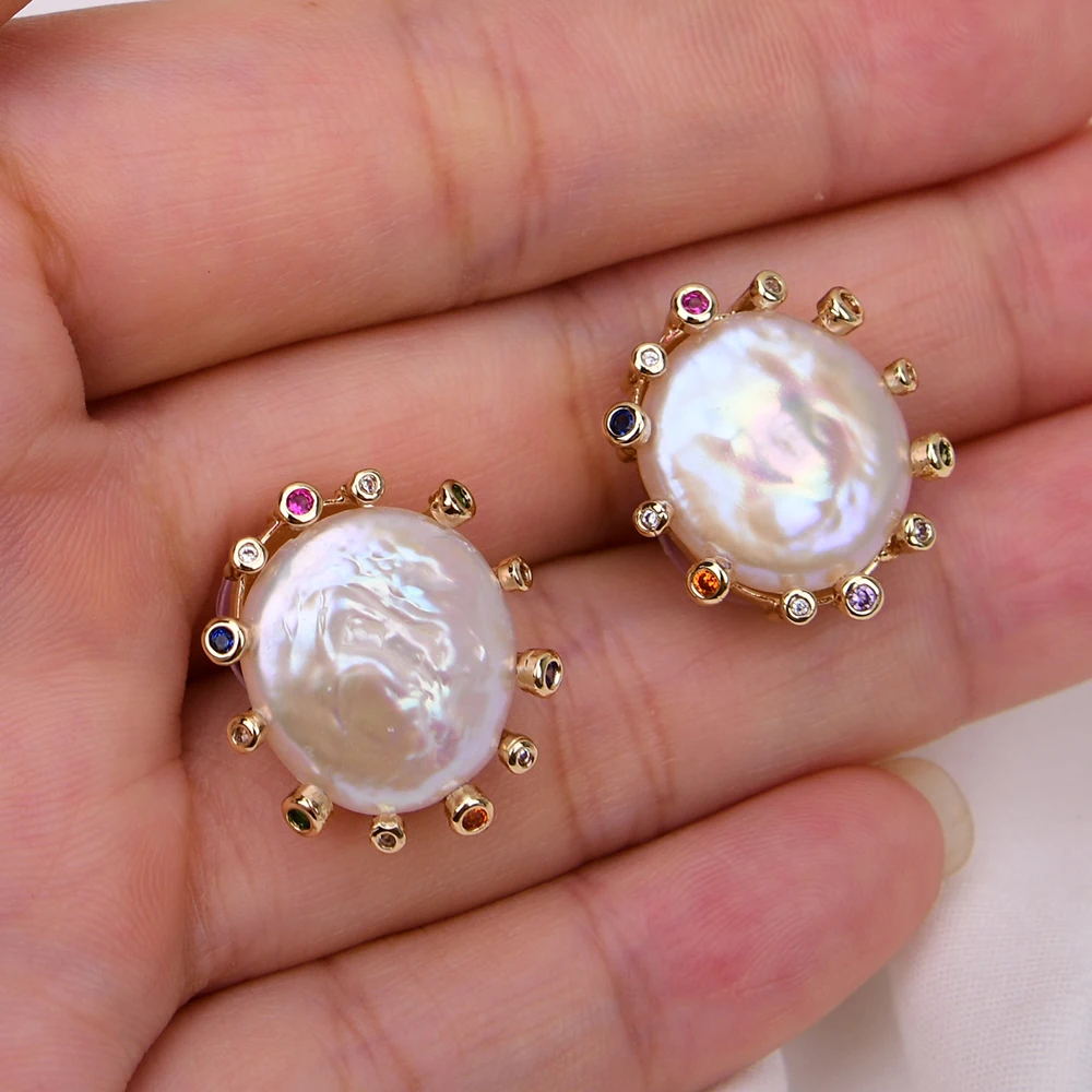 GG Cultured White Coin Keshi Pearl Stud Earrings CZ Pave Gold Plated Earring For Women Valentines Day Jewelry