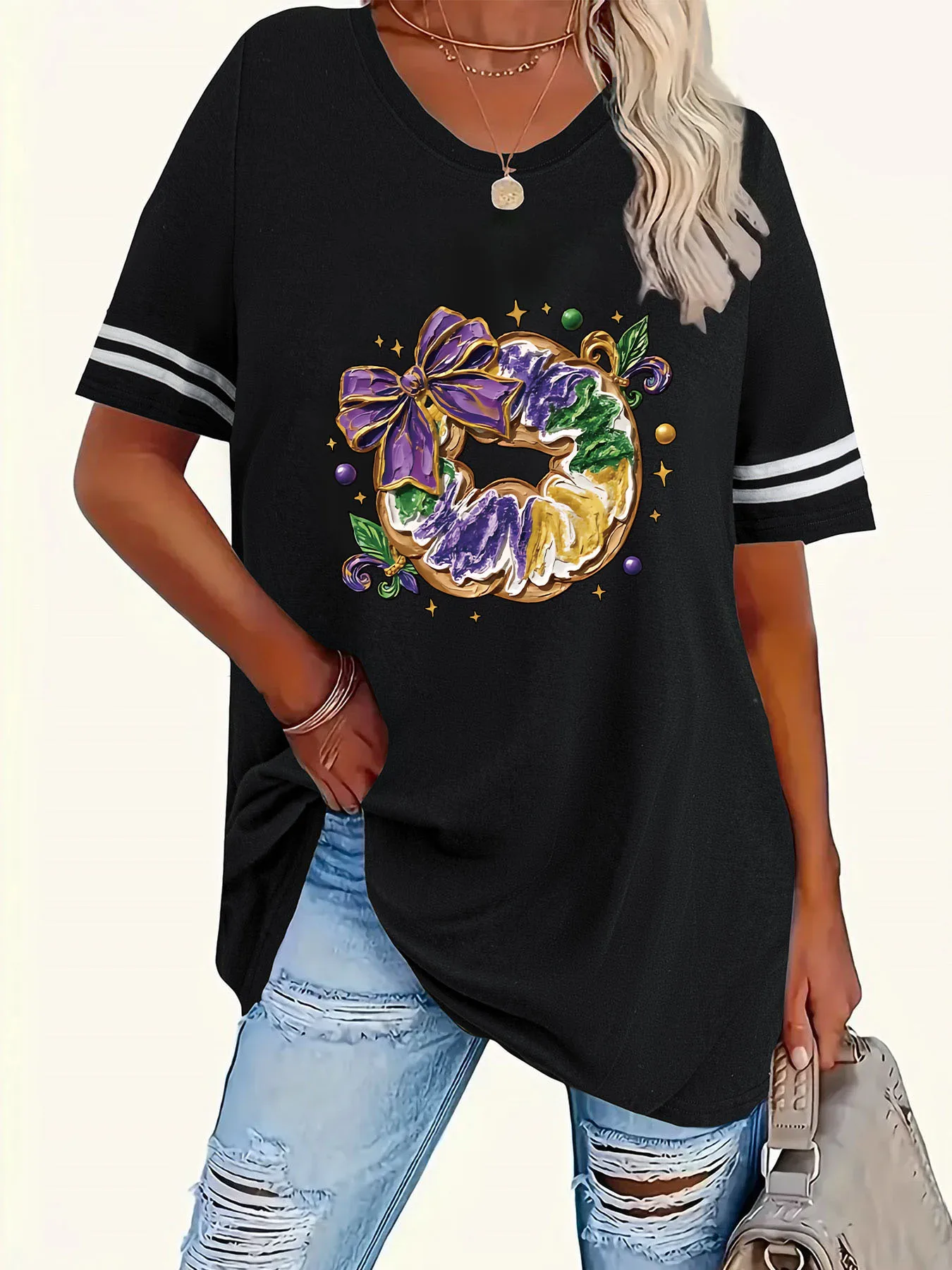 

Женская футболка больших размеров с круглым вырезом и короткими рукавами в полоску, с принтом, размеры 1-8XL, для праздников и торжеств, повседневная, удобная, комфортная, свободного кроя.