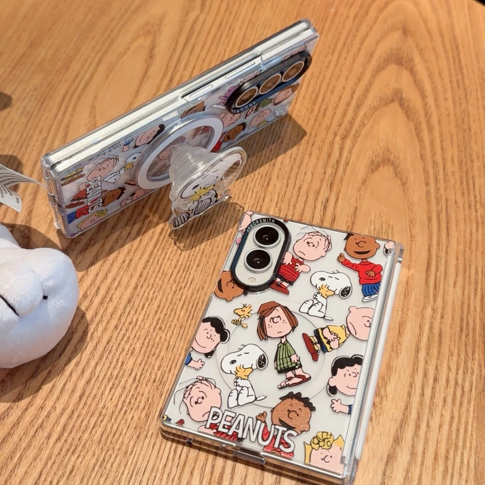 Cute Cartoon Peanuts Snoopy Magnetic Holder Magsafe Wireless Charge Phone Case For Samsung Galaxy Z Fold 8 7 Ultra Hard Cover view 5