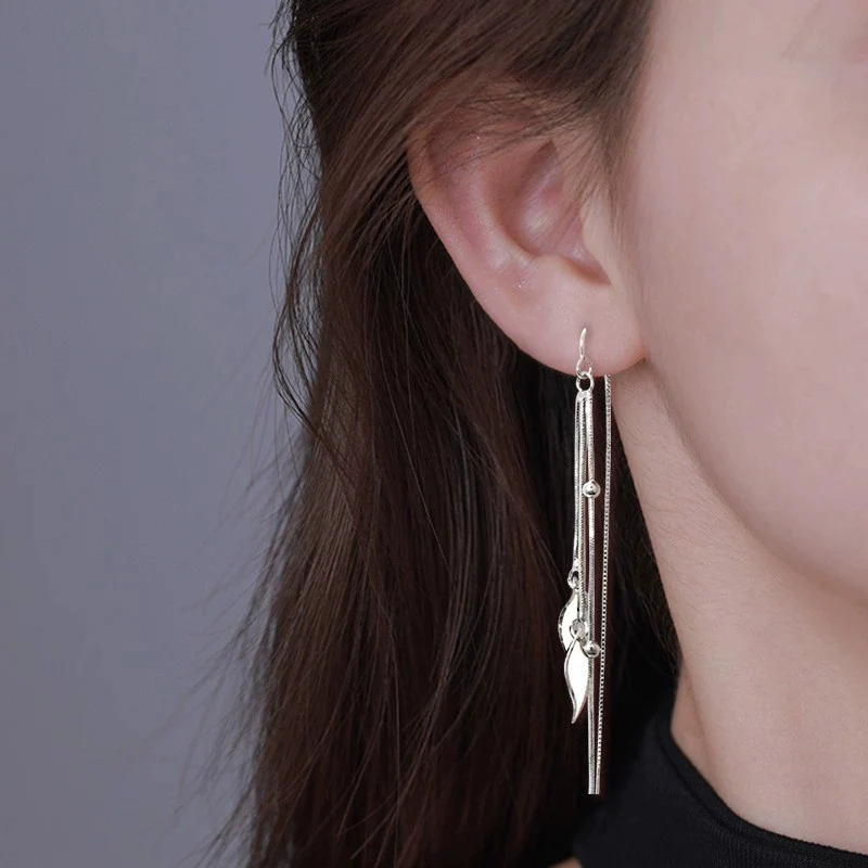 Leaf Tassel Long Ear Line Simple and Elegant Snake Bone Chain Earrings Geometric Ear Chain For Women 925 Silver Jewelry KOFSAC