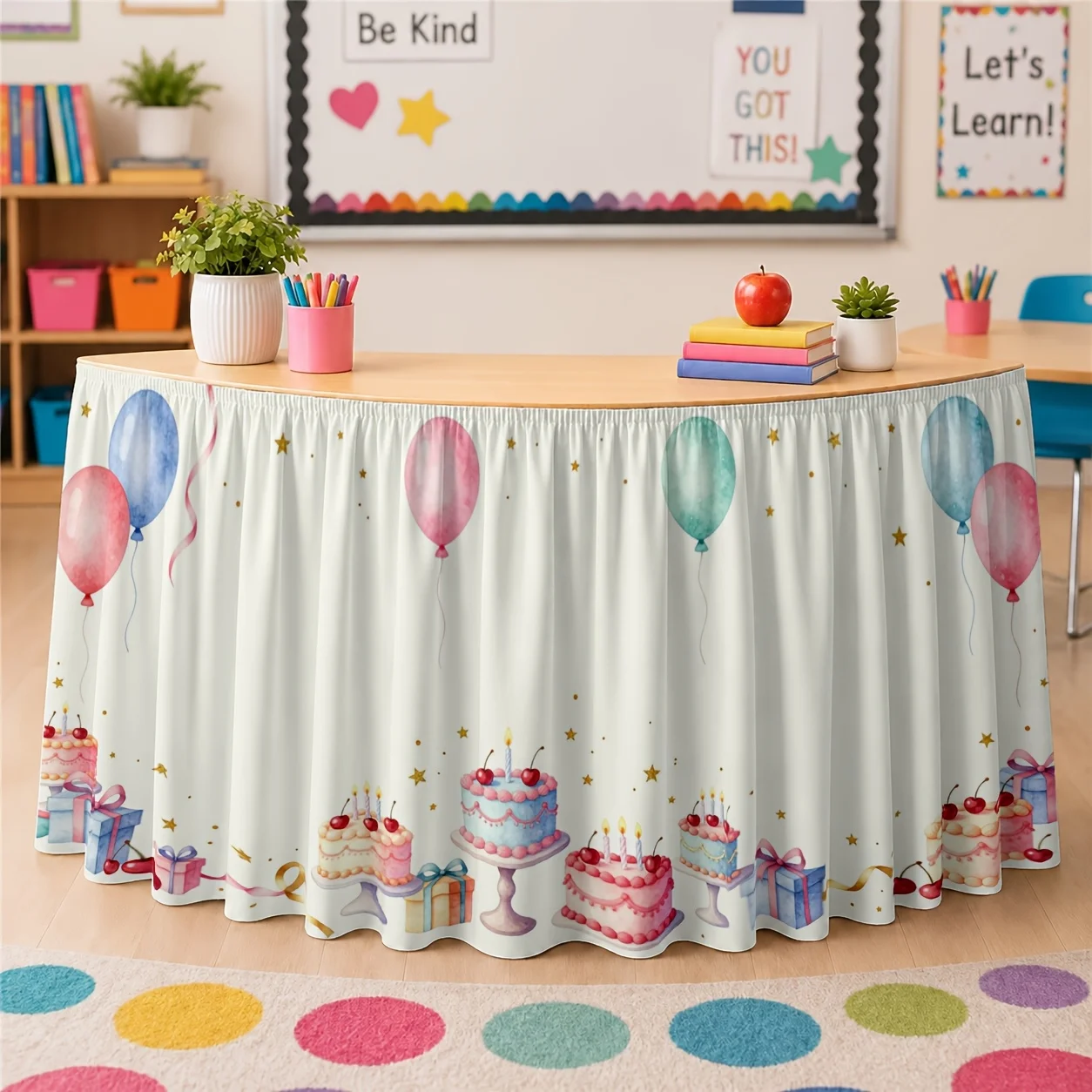 One table skirt, celebration balloon cake gift packaging, polyester festival watercolor
