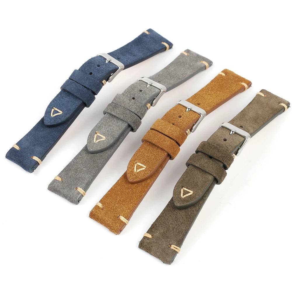 Suede Leather Watch Strap 20mm 22mm Blue Grey Tan Vintage Watch Band Replacement Wristband Handmade Stitching Watchband