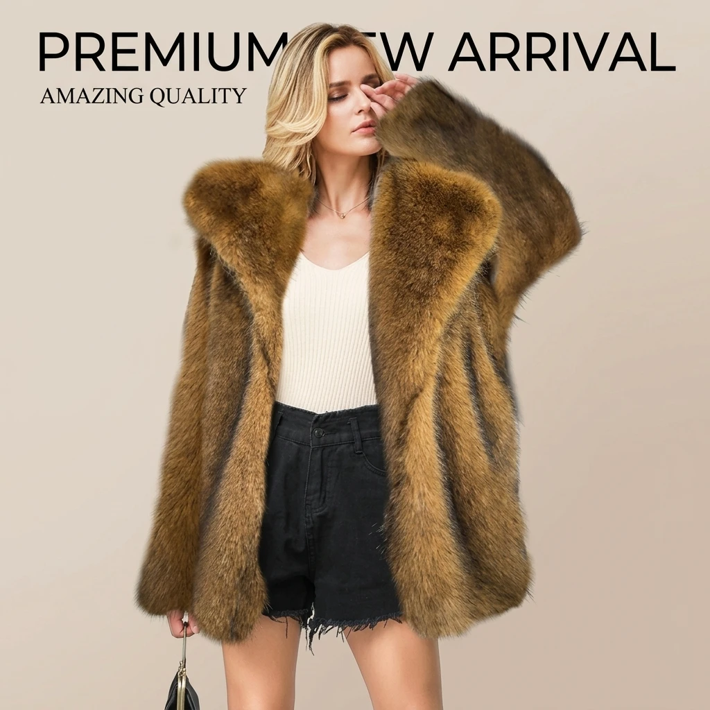 Women Faux Fur Coat Elegant Mid-Length Thick Warm Winter Jacket with Large Faux Fox Fur Collar
