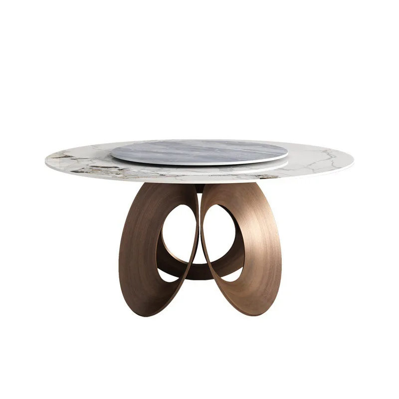 

Rock slab dining table round household small apartment creative round table bronze dining table
