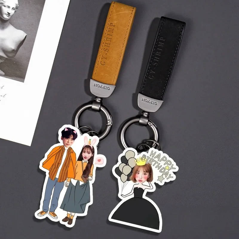 Car Keychain Couple Parent Child DIY Custom Photo Creative Acrylic Double Side Pendant Cartoon Avatar Custom For Women Gift
