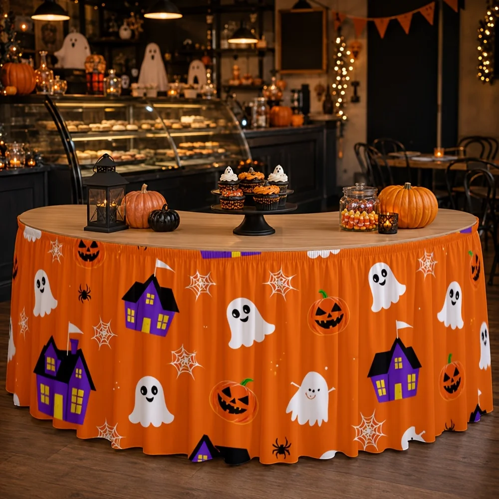 Halloween-themed tablecloth with a background of ghosts, haunted houses, pumpkins and snowflakes in orange color