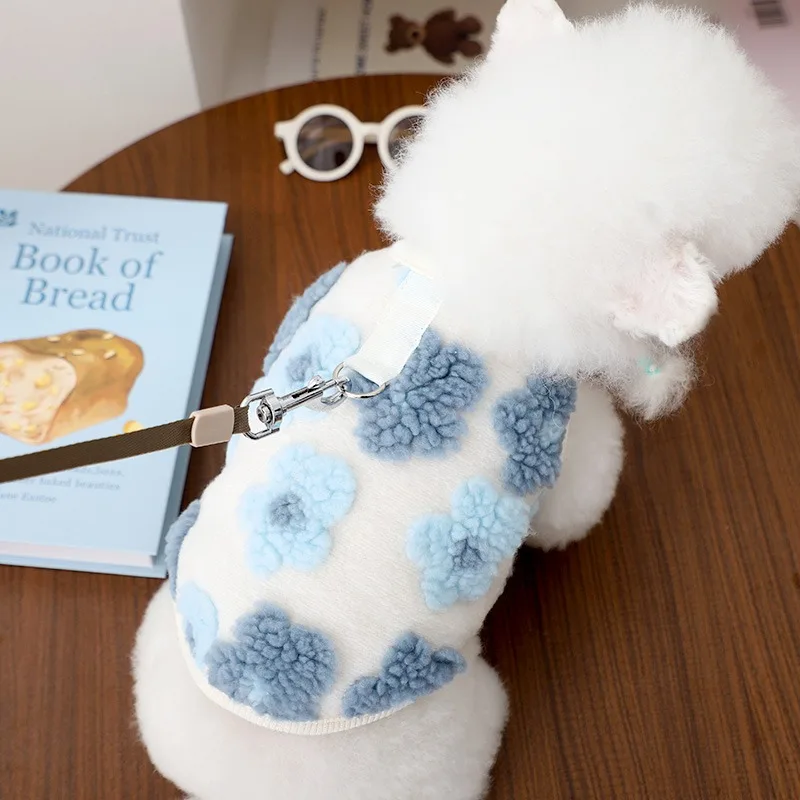 

Blue Flower Dog Vest Bichon Winter Clothes Tractable Fleece Teddy Warm Two Legged Clothes Puppy Sleeveless Jacket