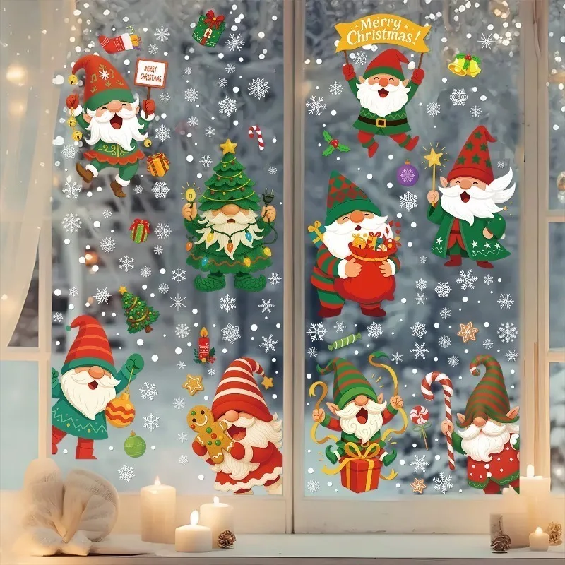 สติกเกอร์ลายซานตาคลอส เอลฟ์ เกล็ดหิมะ 9 แผ่น/ชุด สติกเกอร์ติดกระจกคริสต์มาส ของตกแต่งงานปาร์ตี้