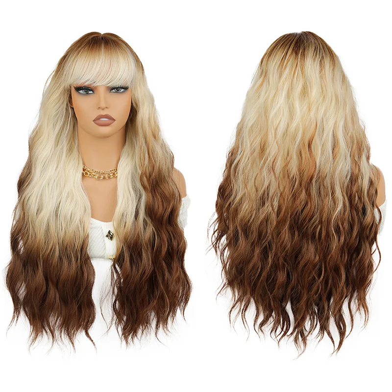 

Natural Looking Ombre Brown Blonde Long Wavy Wig with Air Bangs Heat Resistant Synthetic Women's Wig For Daily Use Halloween