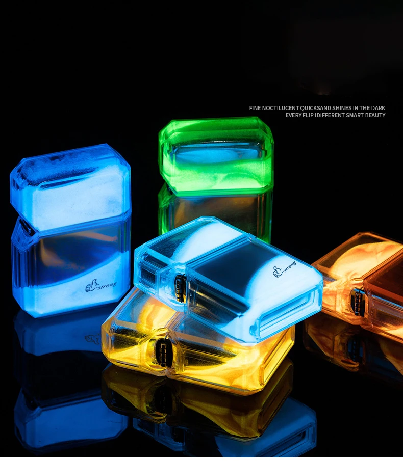 Luminous quicksand fluorescent gas lighter windproof creative transparent shell cigarette accessories give boyfriend trendy gift