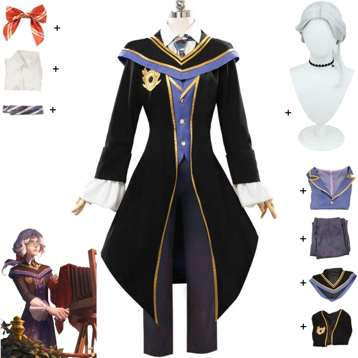 Game Identity Ⅴ Joseph Desaulniers Former Count Desaulniers Cosplay Costume Photographer Black School Uniform Wig Man Party Suit