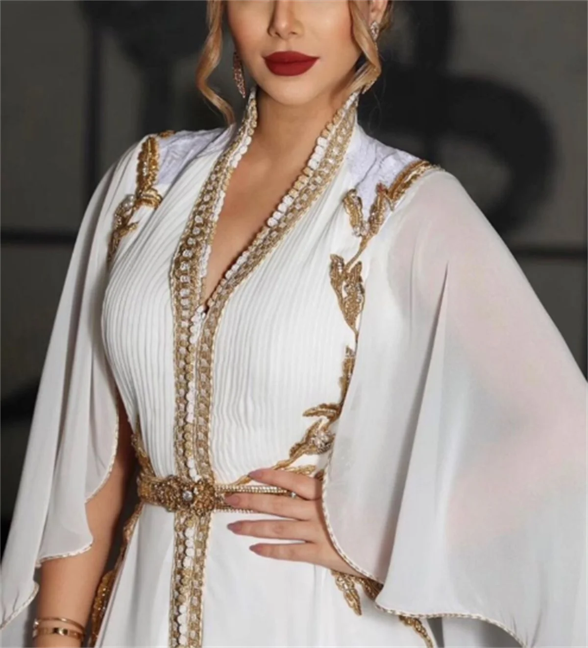 Moroccan Dubai Kaftan Lace Formal Evening Dresses V Neck Embroidery Appliques Full Sleeve Arabic Muslim Party Gowns 2023