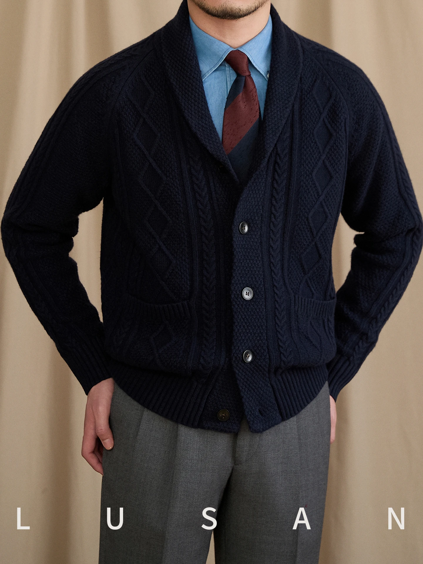 High-End Autumn Winter Retro British Casual Green Collar Jacquard Wool Blended Sweater Coat Italian Cardigan for Men