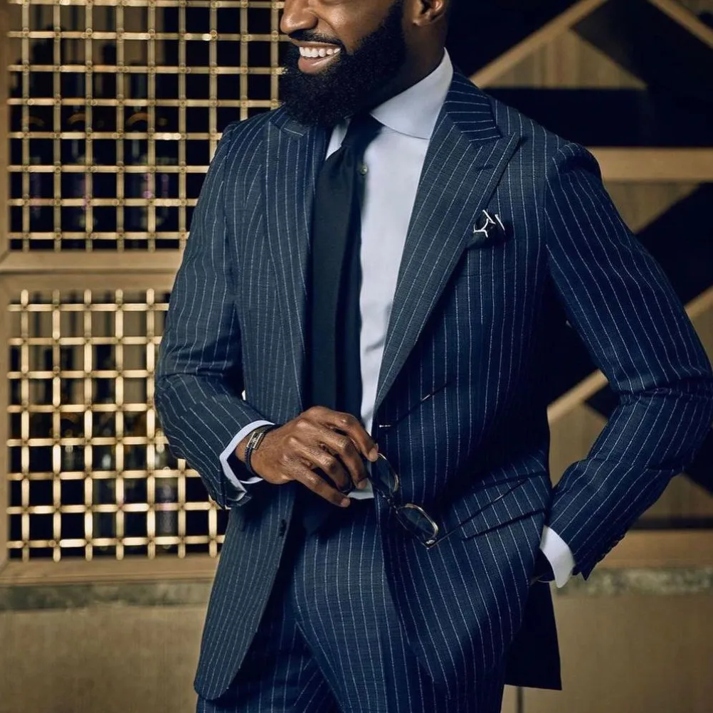 Мужские костюмы, комплект из двух предметов, пиджак, брюки, однобортный, с остроконечными лацканами в тонкую полоску, тонкий свадебный смокинг для жениха, Ropa Hombre по индивидуальному заказу