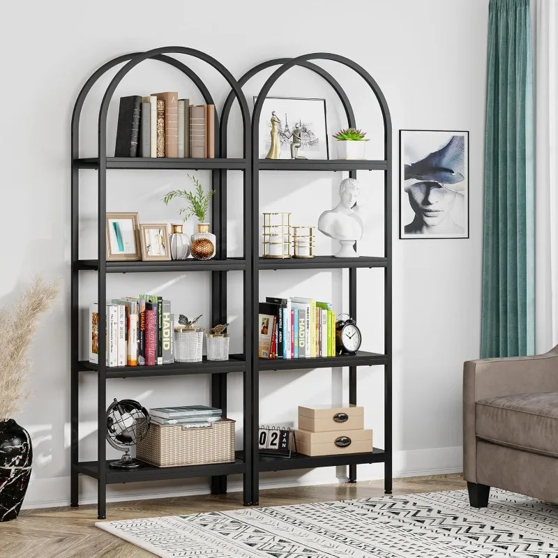 

4-Tier Open Bookshelf Set of 2, 70.8" Industrial Wood Bookcase with Metal Frame, Freestanding Display Rack