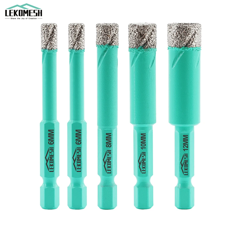 LEKOMESH 5pcs 6/6/8/10/12mm Diamond Drilling Bits Hex Shank Diamond Core Drill For Tile Stoneware Ceramic Marble Hole Saw Opener