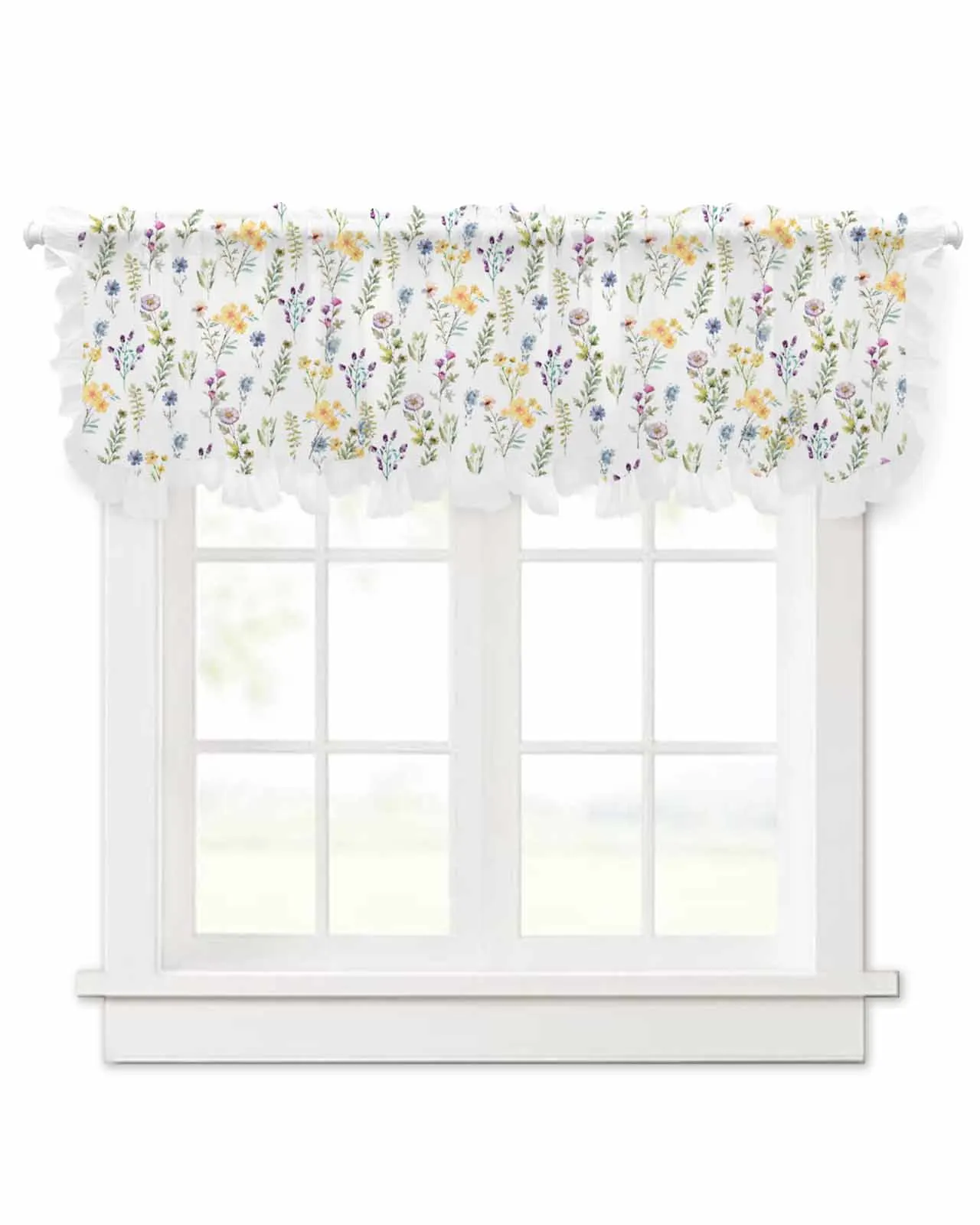 Flower Watercolor Hand Painted Short Tulle Half Curtains for Living Room Kitchen Door Cafe Window Sheer Valance Drapes