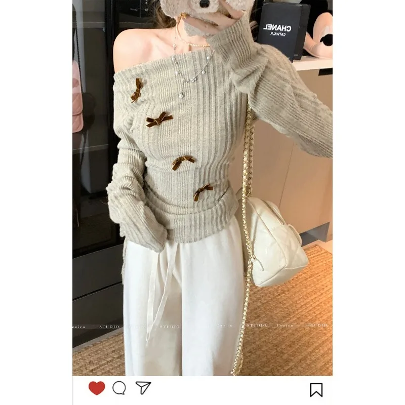 Bow-tie Off-shoulder One-line Collar Long-sleeved Bottoming Shirt for Women 2025 New Autumn Style Hot Girl Waist-tie Short Top
