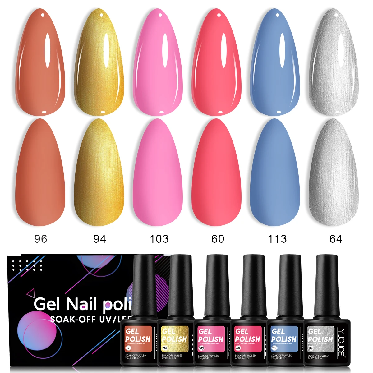 6-color macaron bright gel nail polish set, removable UV LED nail gel kit, vibrant pink, blue, orange, gold solid color varnish, suitable for nail salons and DIY nail art supplies at home