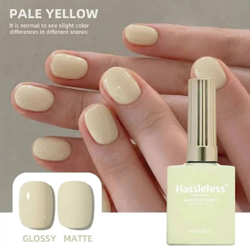 Hassleless 1병(15ml) 연한 노란색 솔리드 컬러 네일 젤 — 간단하고 초보자 친화적인 소크오프 젤 폴리쉬, 모든 세안에 적합합니다.