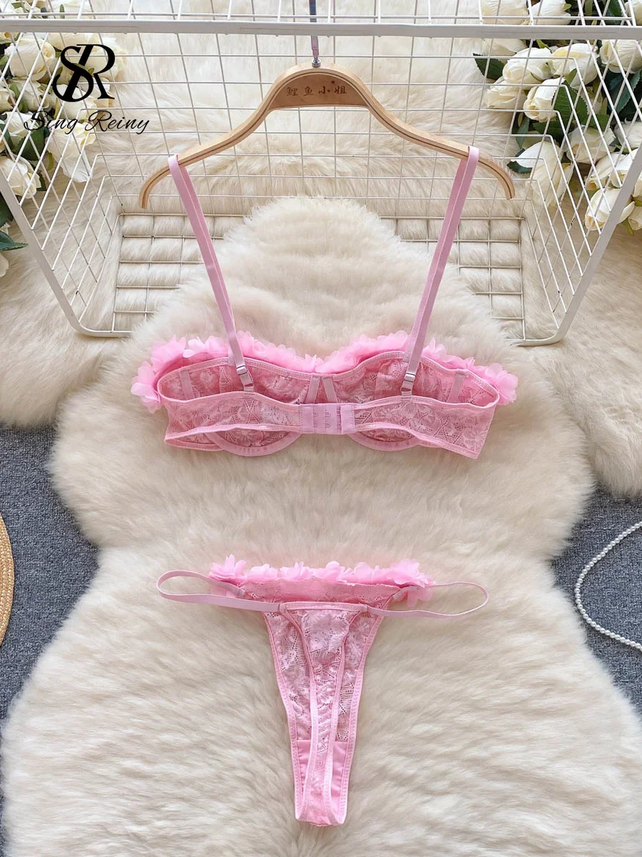 SINGREINY 2024 Sensual Mesh Lace Lingerie Three Pieces Sets Women Floral Strap Mini Bra+Thongs Hollow Out Sexy Underwear Suits
