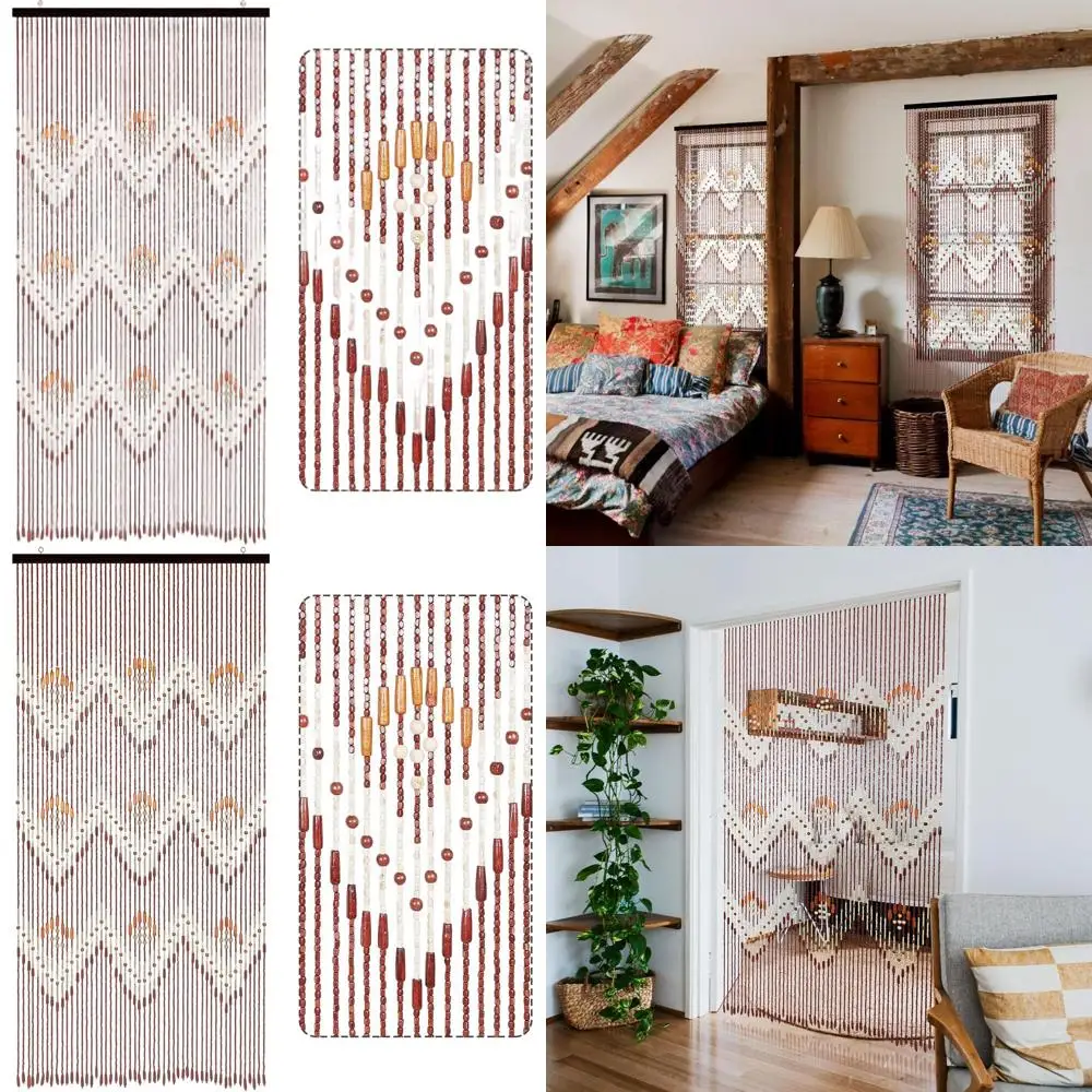 Cortina de contas de bambu feita à mão 35,5 x 75, 52 fios, contas de porta de madeira, divisor de quarto estilo hippie, marrom