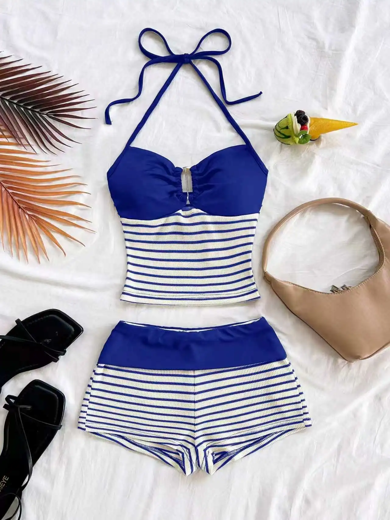 Blue Color-Blocked Two-Piece Set Top with Matching Shorts Textured Fabric Neckline Design Women's Fashion Outfit Combo