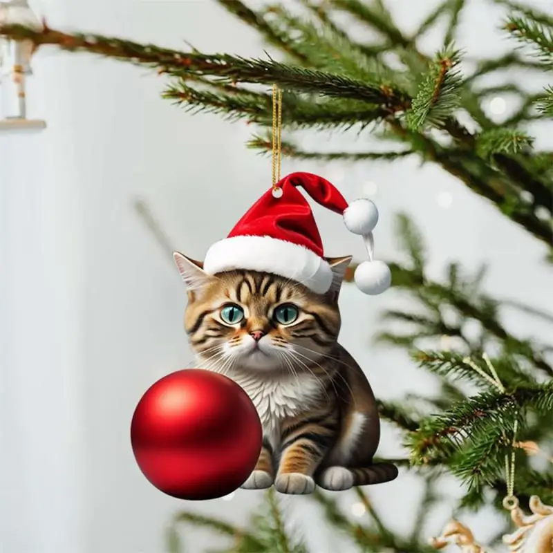 1PC Christmas Ball Cat Ornament 2D Acrylic Funny Cat Ornaments Christmas Tree Cat Hanging Decorations Home Party Xmas Decor