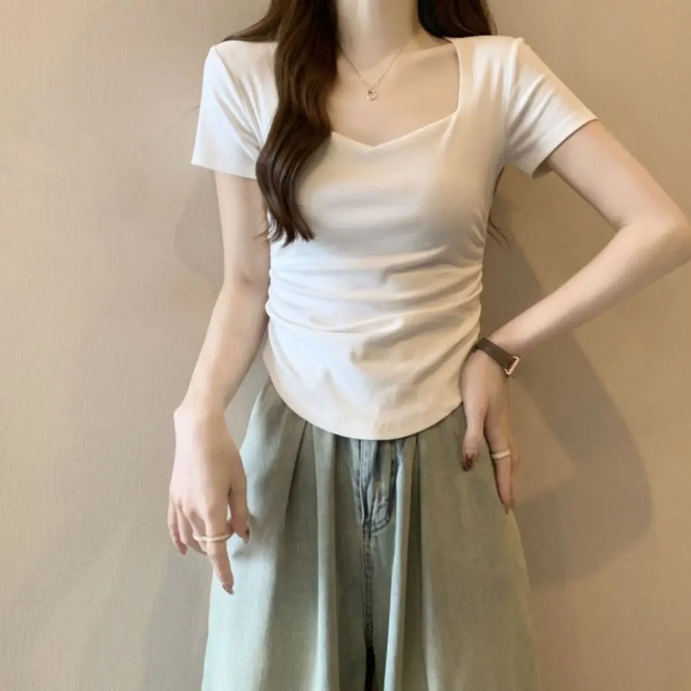 

Breathable Slim Fit Y2K Crop Tops Short Sleeves Summer Korean T-shirt Women Clothing Pleated Solid Short T-shirt Summer