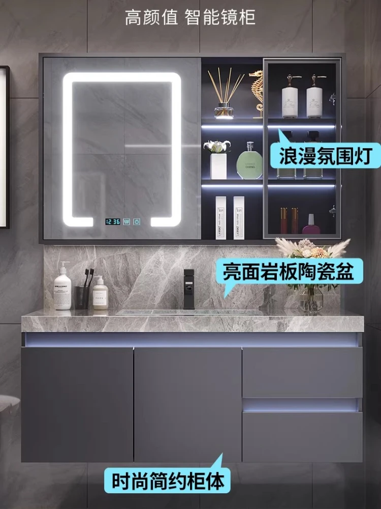 

Европейская комбинация тумбы для ванной комнаты с глянцевой керамической раковиной из каменной плиты и умной тумбой-умывальником из массива дерева