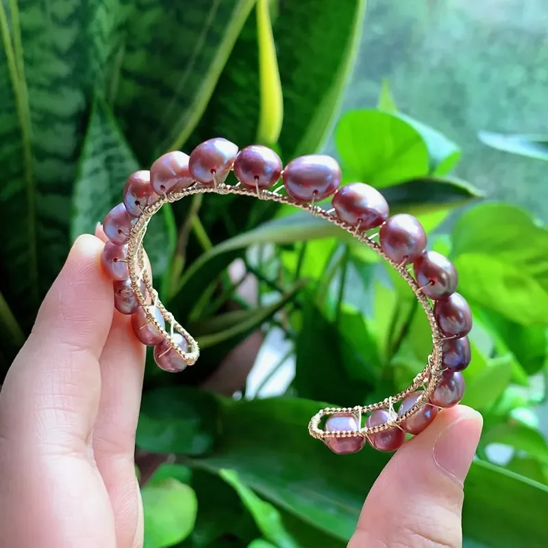 8-9mm Irregular Nuggets Shiny Purple Baroque Pearl Bracelet for Women Open Cuff Bangle Elegant Natural Freshwater Pearl Bracelet