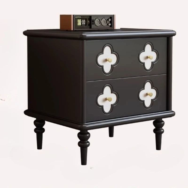 ‌French Vintage Wooden Bedside Cabinet Floral Carved Double Drawer Dresser with Eco-Friendly Paint Wide Surface Bedroom Storage