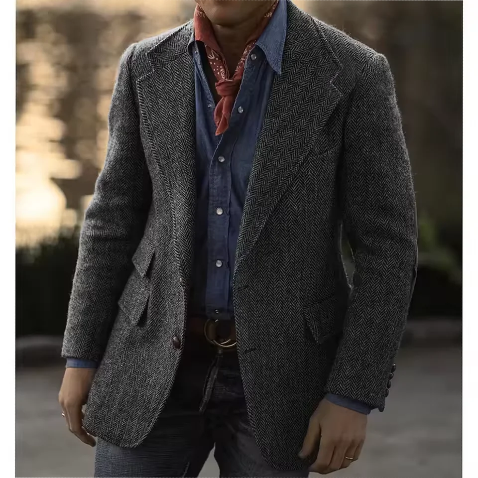 British Style Men's Herringbone Blazer Pants Fashion Vintage Business Suits Jacket Trousers Autumn Winter Thicken Casual Coats