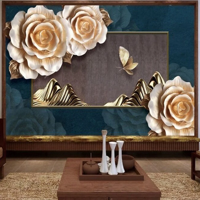 

New Chinese-style noble classical peony relief mountain range butterfly TV home decoration bedroom background wall