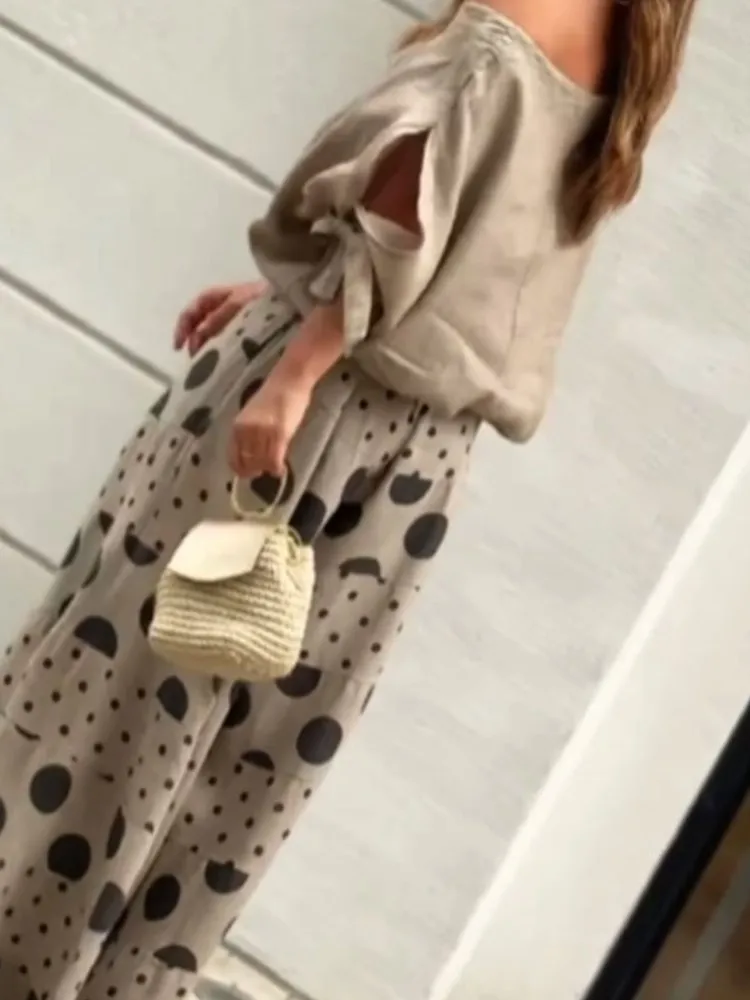 

Lady Fashion Print Set Casual Loose Lantern Sleeve Tops And High Waist Wide Leg Pants 2 Piece Sets For Women Spring Summer Sets
