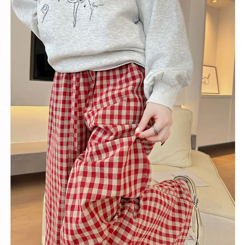 Women Retro Plaid High Waist Pants Female Designer High Waist Casual Pants Girls Fashion Comfortable Straight Leg Trousers