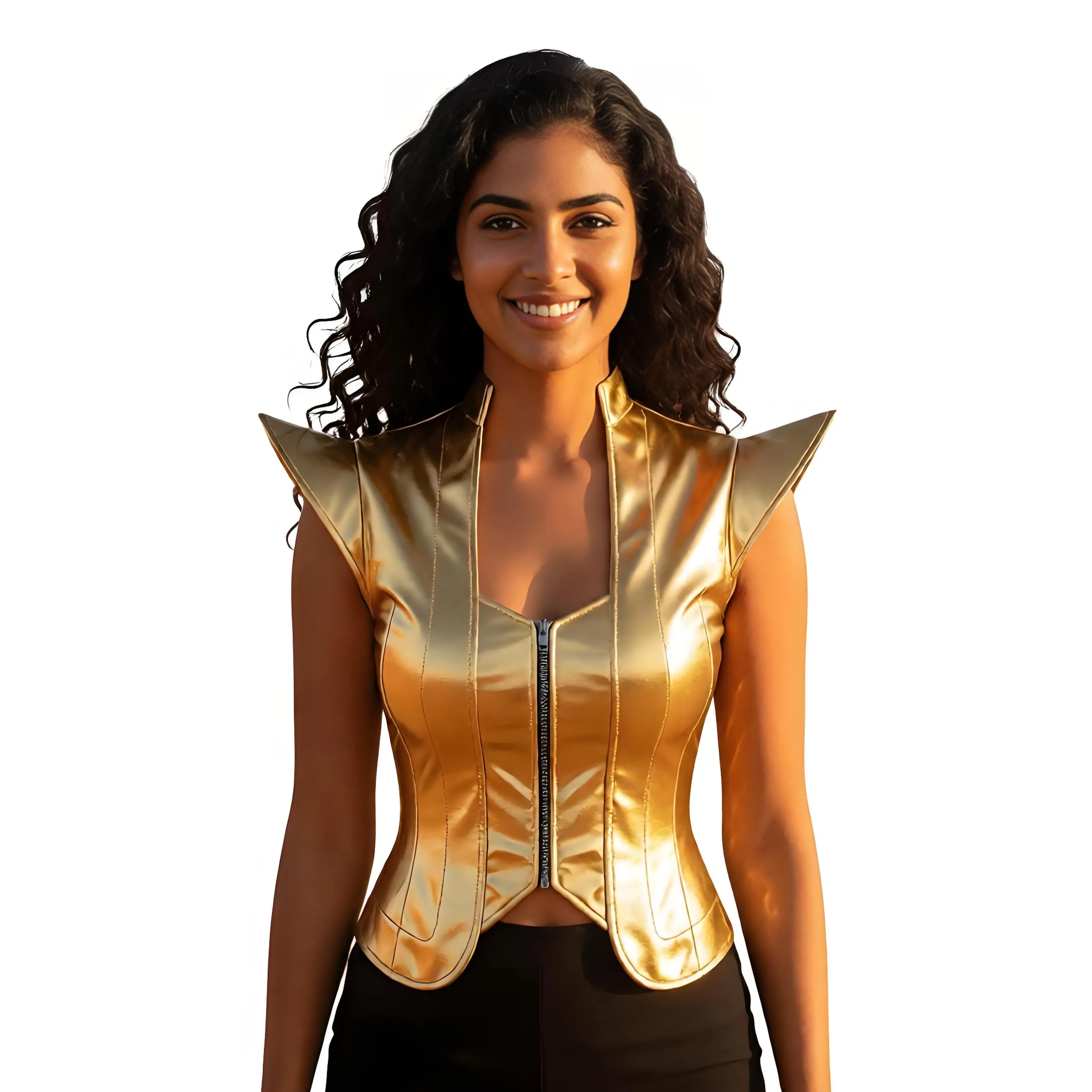 Womens Front Zipper Crop Top Gothic Metallic Crop Jacket Tops Cap Sleeve Waistcoat Steampunk Clubwear Raves Jazz Dance Costume
