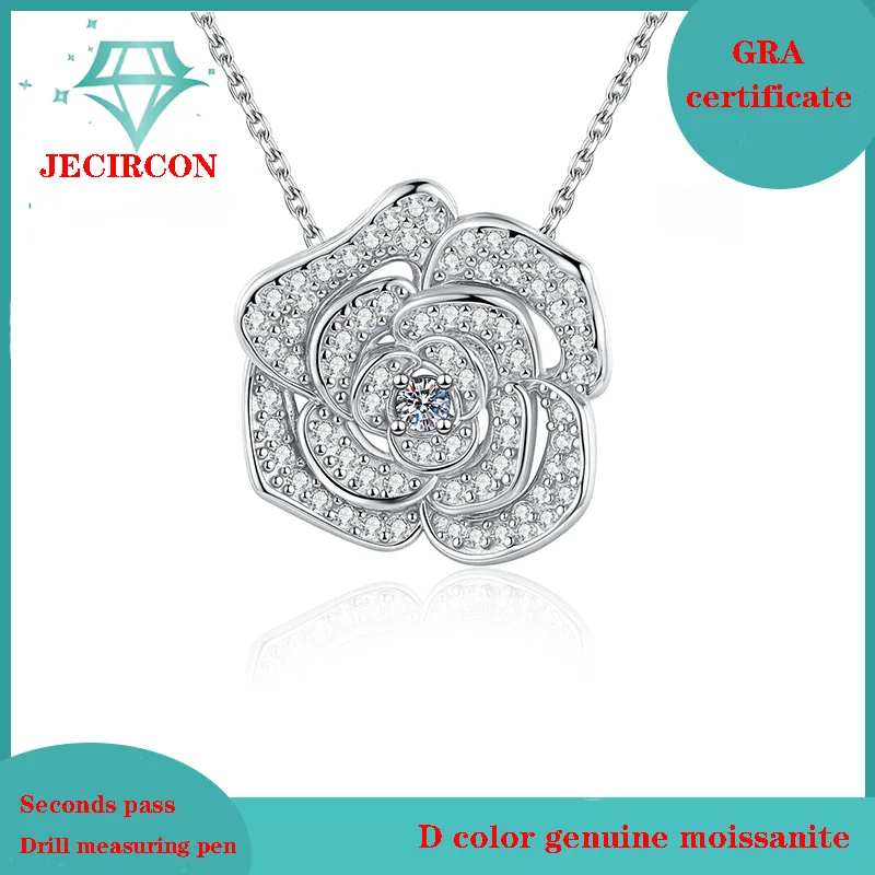 

JECIRCON 925 Sterling Silver Camellia Necklace for Women Full Moissanite Inlaid Pendant Chinese Style Temperament Clavicle Chain