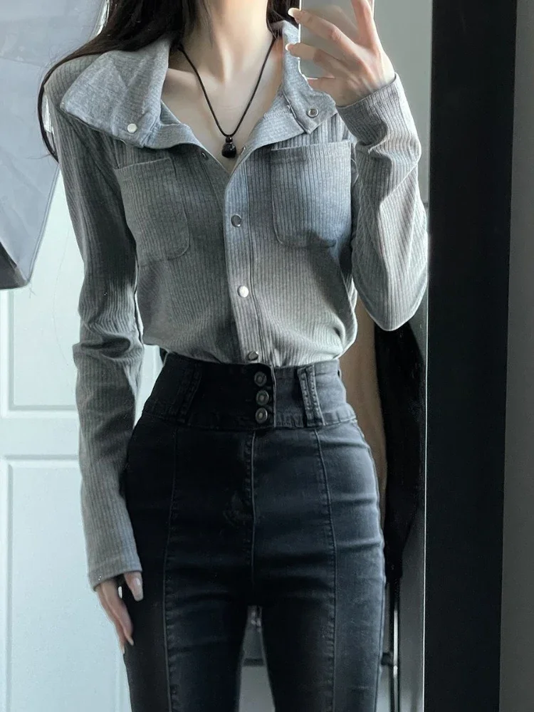 

Shirts Women Solid Korean Style Slim Elegant Basic Pockets Design Harajuku Chic Tops Femme All-match Long Sleeve Simple Spring