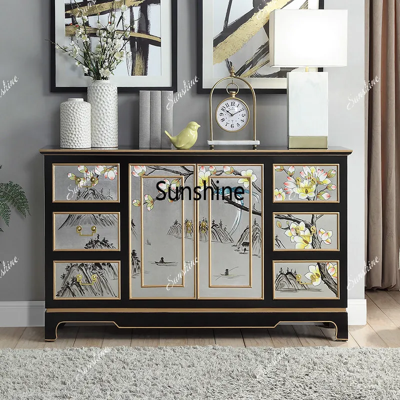 New Chinese-style entrance cabinet solid wood piano paint storage living room partition