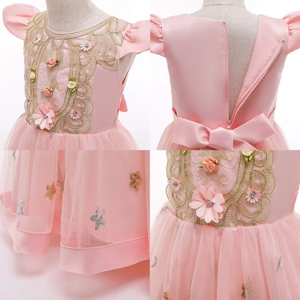 Vestido de encaje floral bordado para niña, trapeador de piso, vestido de comunión de gasa para fiesta de cumpleaños de princesa, vestido de niña de flores de boda