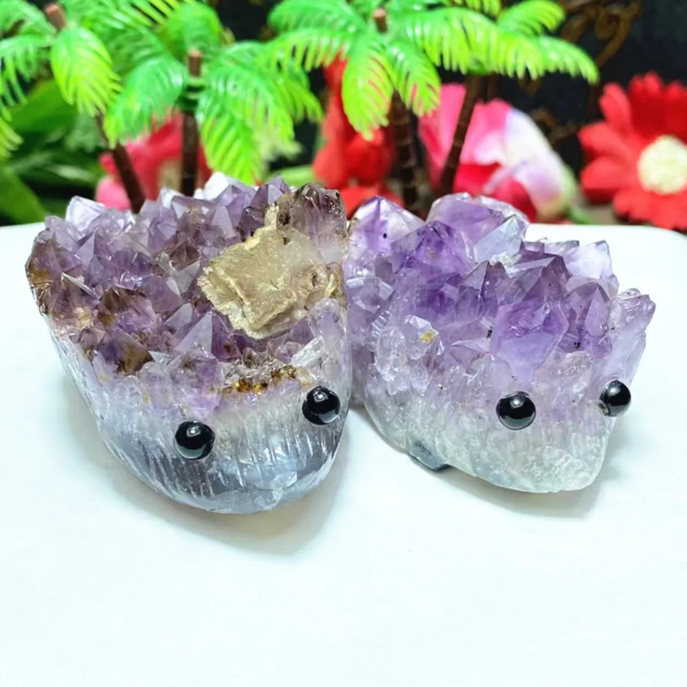 Natural quartz amethyst clusters hand carved hedgehog gifts treat home decor