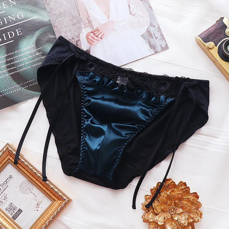 남성용 핑크 브리프 실크 레이스 주름 부드러운 시시 스위트 브리프 순색 크로스드레싱 보우 팬티 커플 BF 이너웨어 팬티