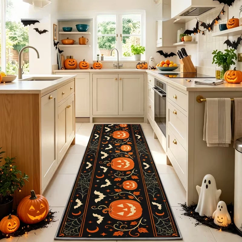 Vintage Floral Witch‑hat Pumpkin Long Runner Rug, Soft Non‑slip Wear‑resistant Floor Mat, Retro Gothic Halloween‑themed Carpet