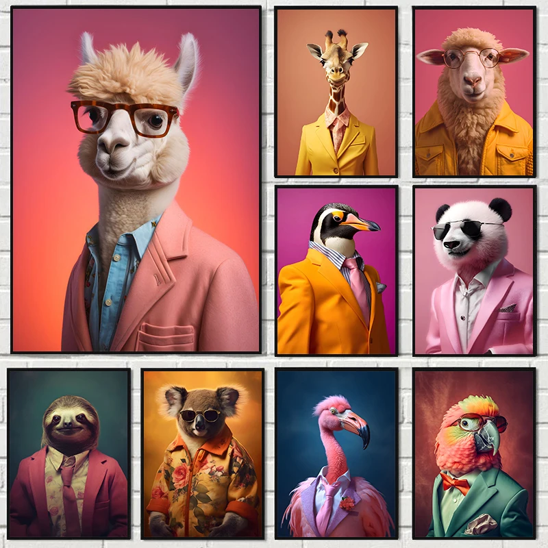 

Fashion 80S Style Animals In A Suit Canvas Paintings Vintage Posters and Prints Giraffe Panda on The Wall Art Picture Home Decor