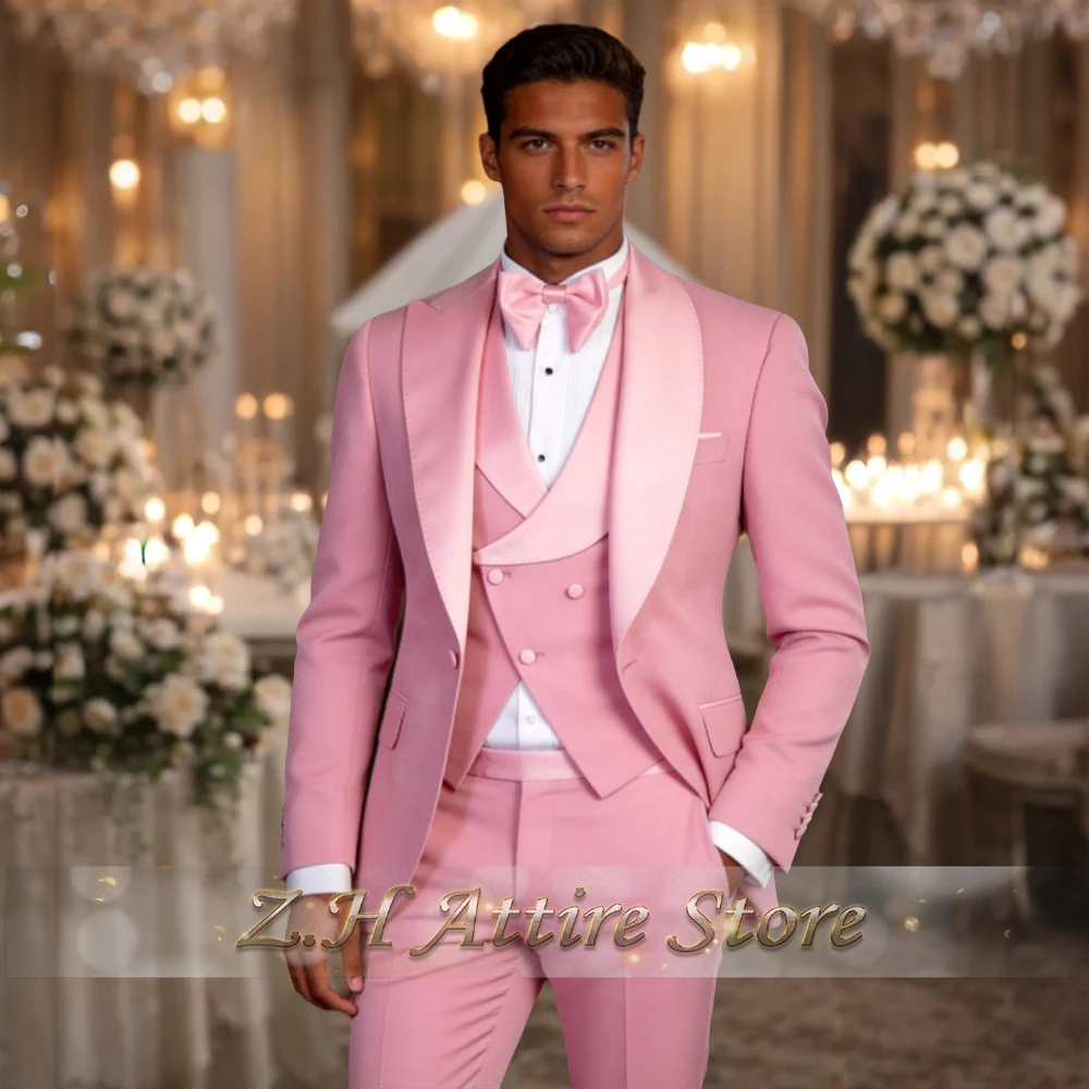 Elegant Pink Men's 3pcs Suit Spliced Satin Lapel Jacket Vest Pants Custom-Made Set for Wedding Groom Cocktail Birthday Party