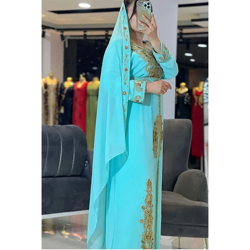 Turquoise Kaftani Jenna Abaya Bloemen Lange Trouwjurk Dubai Marokko Modetrends