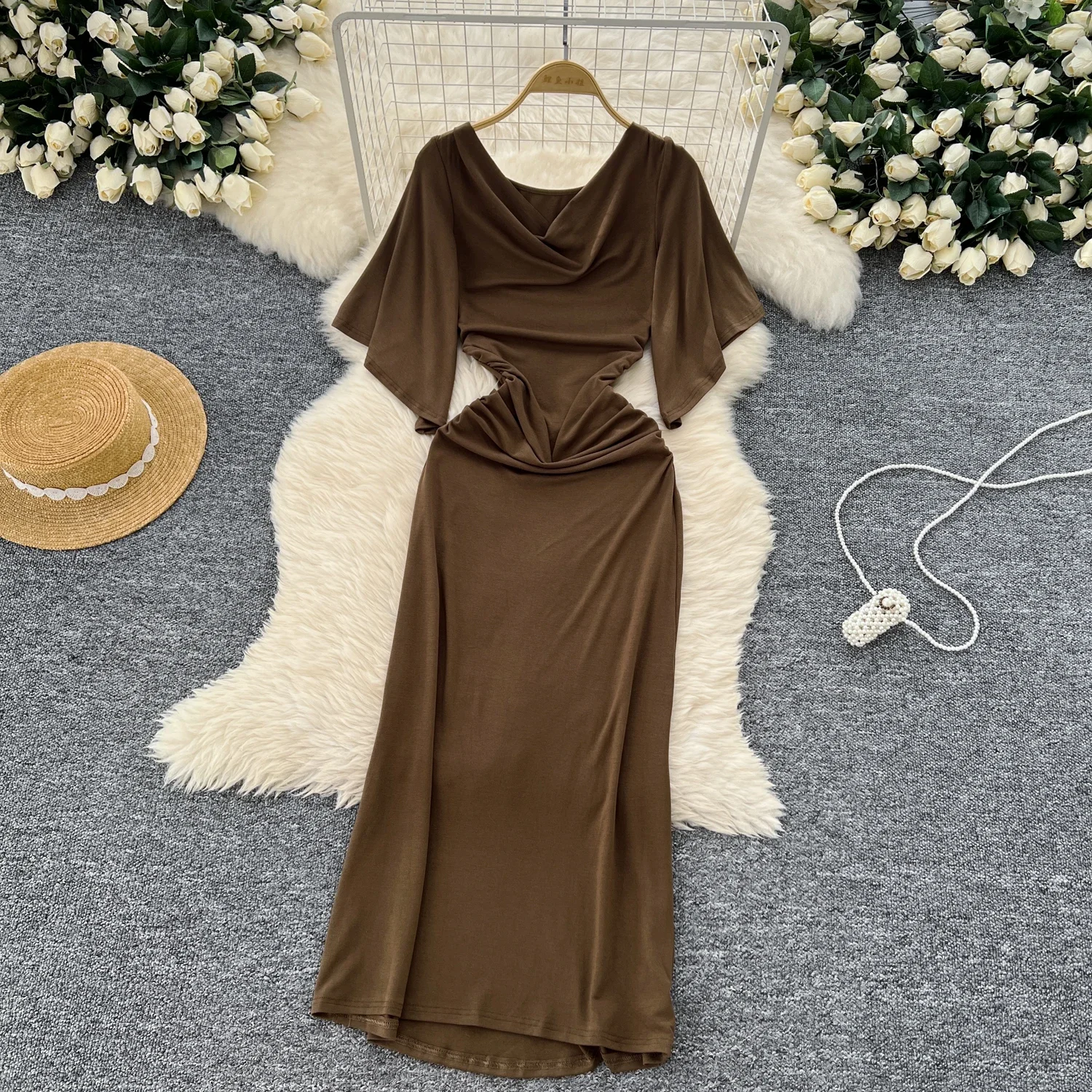 Elegant Vintage Swinging Collar Chic Short Flare Sleeve Slim Pleated Dresses Women Korean Evening High Street Summer Clothing